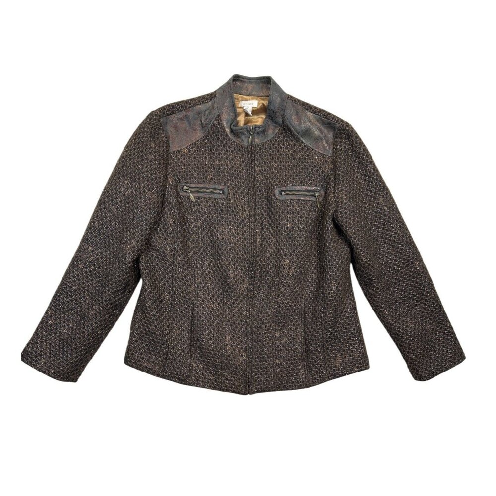 Chicos‎ Jacket Blazer Womens 2 Brown Tweed Metallic Leather Trim